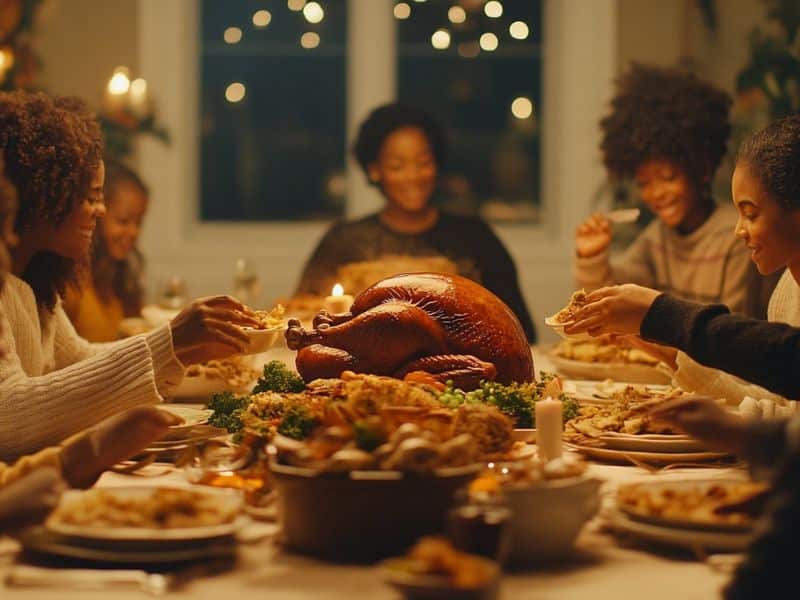 Family eating thanksgiving dinner.