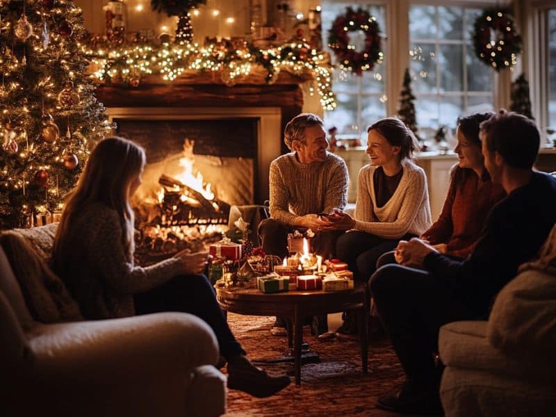 Family sitting around a fireplace