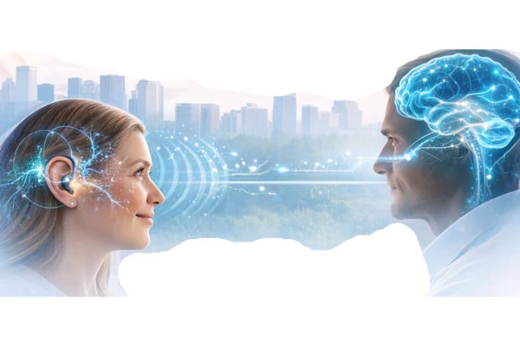 a graphic image depicting hearing and brainwaves