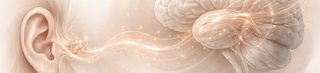 graphic of an ear and a brain sharing info